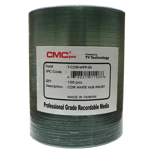 CMC CD-R 80 Min. 100/PK White Hub Printable (T-CDR-WPP-SK)