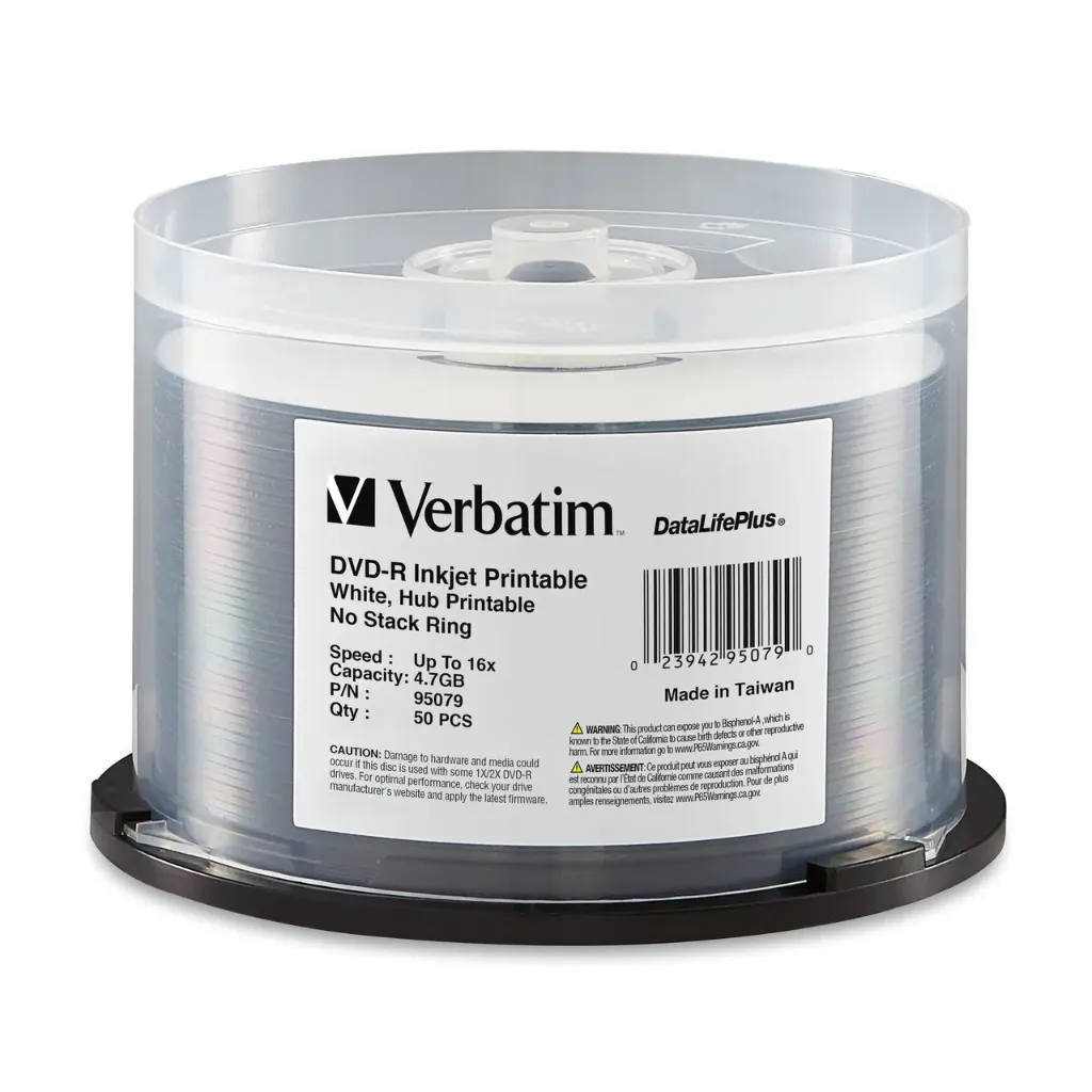 DVD-R 4.7GB 16X, DataLifePlus, WH IJ Hub Printable, 50/Spin. (95079)