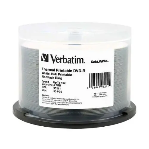 [VER95211] DVD-R 4.7GB DataLifePlus, WH TH Hub Printable, 16X, 50/Spin (95211)