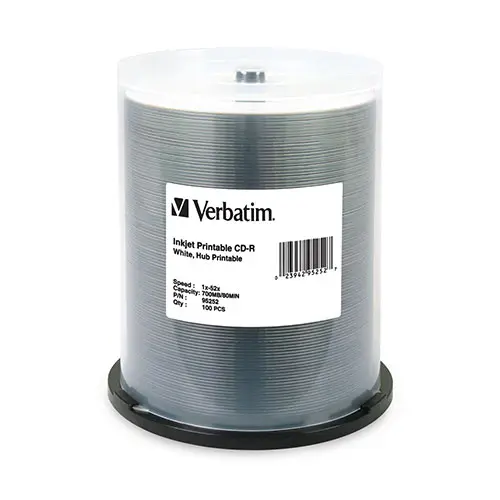 [VER95252] Verbatim CD-R 80 Min. 100/Spin White IJ Hub Printable (95252)